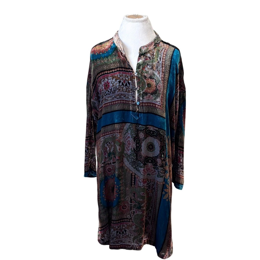 Johnny Was Boho Velvet Silk Tunic Dress XS Floral Patchwork Artsy Whimsigoth
